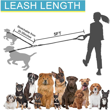 Green 3-in-1 Tangle-Free Dog Leash for 1-3 Dogs - Heavy Duty Bungee Coupler with Reflective Stitching & Padded Handle.