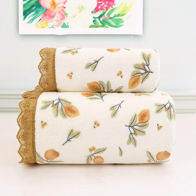 Beige Vintage Floral Lace Trim Towel Set - Ultra Soft Absorbent Coral Fleece Bath & Face Towel.