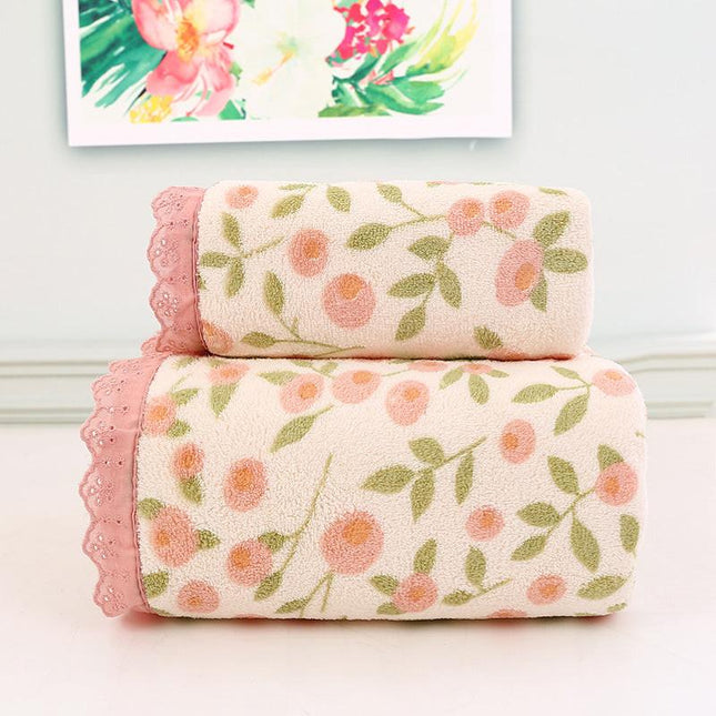 Pink Vintage Floral Lace Trim Towel Set - Ultra Soft Absorbent Coral Fleece Bath & Face Towel.