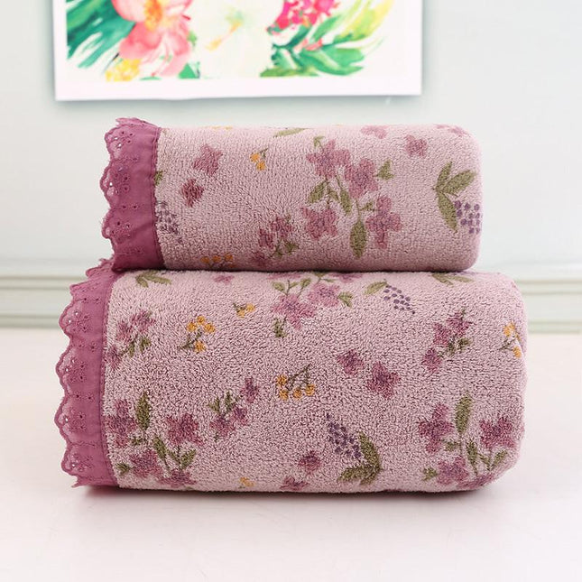 Purple Vintage Floral Lace Trim Towel Set - Ultra Soft Absorbent Coral Fleece Bath & Face Towel.