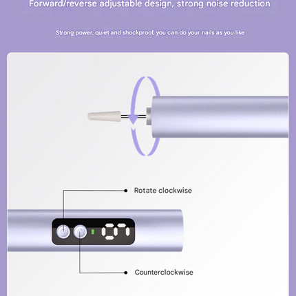 Purple Professional Electric Nail File Kit - Portable USB-C Rechargeable Manicure Drill with 6 Speeds & 5 Heads.