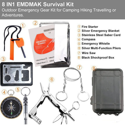 Black 8-in-1 Emergency Survival Kit - Compact Outdoor Gear for Camping, Hiking & Car.