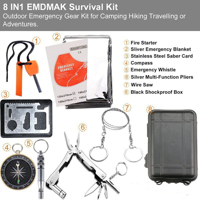 Black 8-in-1 Emergency Survival Kit - Compact Outdoor Gear for Camping, Hiking & Car.