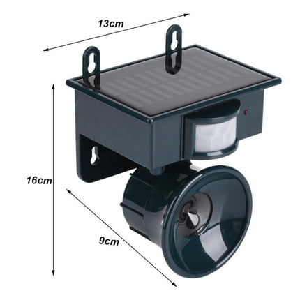 Dark Green Solar Powered Ultrasonic Animal Repeller - Motion Activated Outdoor Pest Deterrent for Garden.