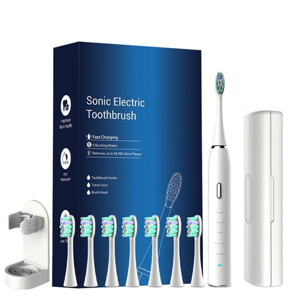 White Sonic Rechargeable Electric Toothbrush with 8 Heads & Travel Case - 5 Brushing Modes & Smart Timer(USB).