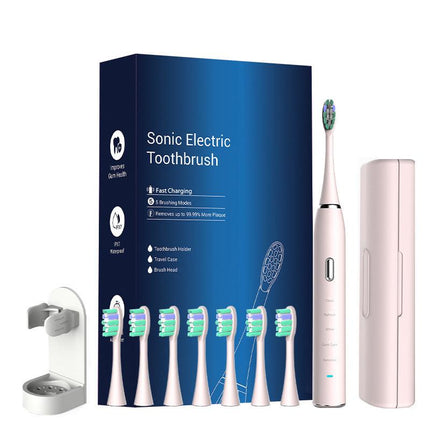 Pink Sonic Rechargeable Electric Toothbrush with 8 Heads & Travel Case - 5 Brushing Modes & Smart Timer(USB).