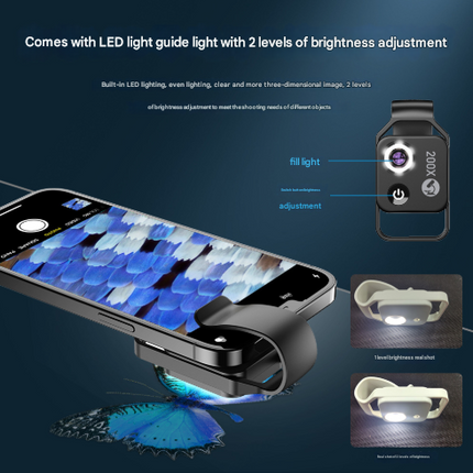 Black Portable 200X Clip-On Microscope Lens for Smartphone - HD Pocket Magnifier with CPL Filter and LED Light(excluding mobile phones).