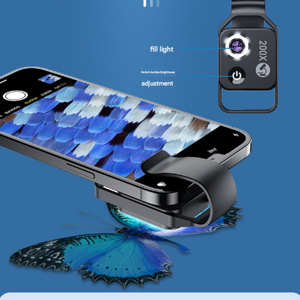 Black Portable 200X Clip-On Microscope Lens for Smartphone - HD Pocket Magnifier with CPL Filter and LED Light(excluding mobile phones).