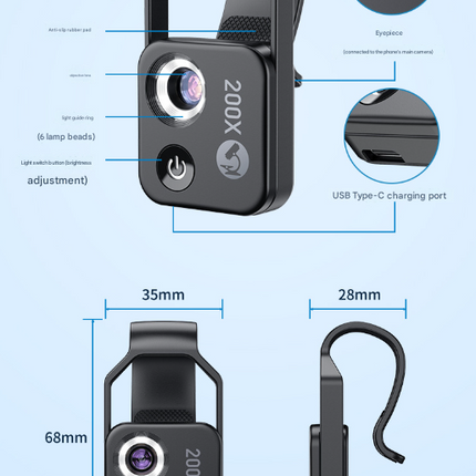 Black Portable 200X Clip-On Microscope Lens for Smartphone - HD Pocket Magnifier with CPL Filter and LED Light(excluding mobile phones).