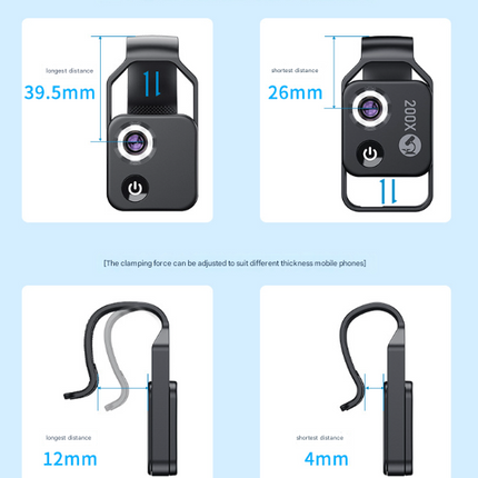 Black Portable 200X Clip-On Microscope Lens for Smartphone - HD Pocket Magnifier with CPL Filter and LED Light(excluding mobile phones).