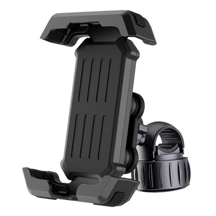 Black Heavy Duty Bike Phone Mount - Anti-Shake Motorcycle Holder with Secure Lock, 360 Rotation Cradle for All-Terrain Cycling.