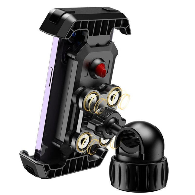 Black Heavy Duty Bike Phone Mount - Anti-Shake Motorcycle Holder with Secure Lock, 360 Rotation Cradle for All-Terrain Cycling.
