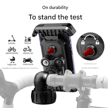 Black Heavy Duty Bike Phone Mount - Anti-Shake Motorcycle Holder with Secure Lock, 360 Rotation Cradle for All-Terrain Cycling.