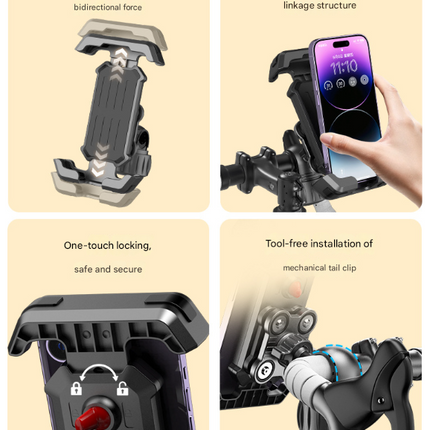 Black Heavy Duty Bike Phone Mount - Anti-Shake Motorcycle Holder with Secure Lock, 360 Rotation Cradle for All-Terrain Cycling.