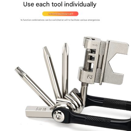 Black and Silver 16 in 1 Bicycle Repair Multi Tool - Compact Folding Bike Tool Kit with Chain Breaker for MTB Road Cycling.