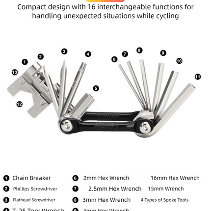 Black and Silver 16 in 1 Bicycle Repair Multi Tool - Compact Folding Bike Tool Kit with Chain Breaker for MTB Road Cycling.