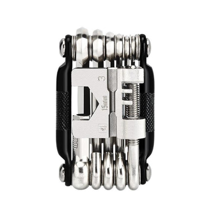 Black and Silver 16 in 1 Bicycle Repair Multi Tool - Compact Folding Bike Tool Kit with Chain Breaker for MTB Road Cycling.