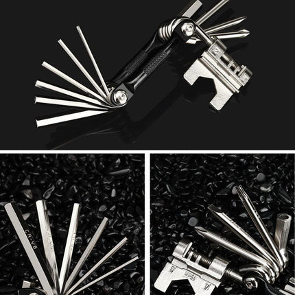 Black and Silver 16 in 1 Bicycle Repair Multi Tool - Compact Folding Bike Tool Kit with Chain Breaker for MTB Road Cycling.