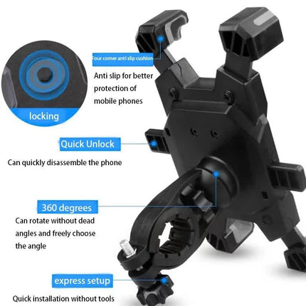 Black Secure Grip Bike Phone Mount - Adjustable 360 Rotation Bicycle Handlebar Holder, Universal Cradle for MTB & Road Cycling.