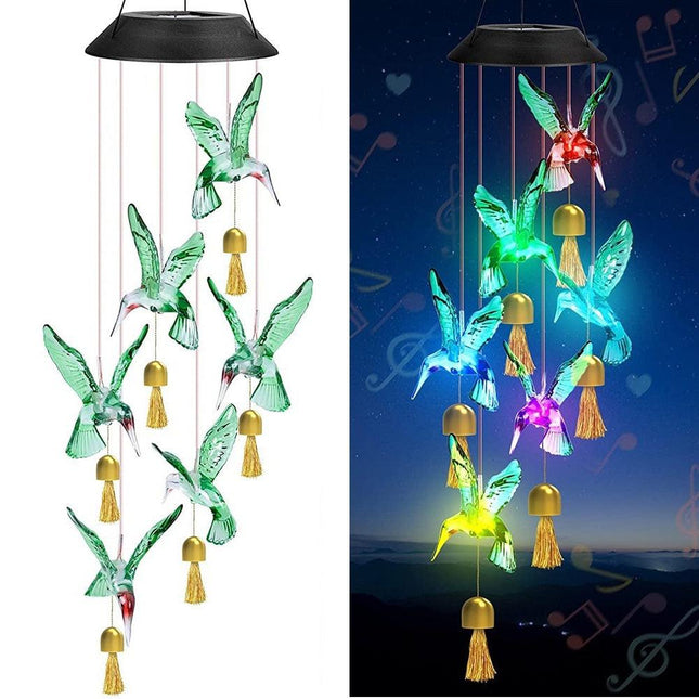 Green Solar Powered Hummingbird Wind Chime(With bell) - Color-Changing LED Hanging Garden Light Outdoor Decor.