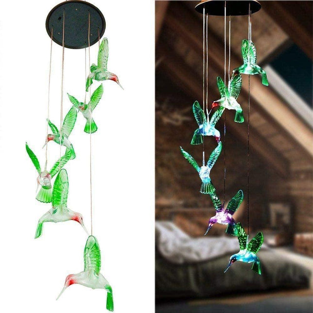 Green Solar Powered Hummingbird Wind Chime(Without bell) - Color-Changing LED Hanging Garden Light Outdoor Decor.