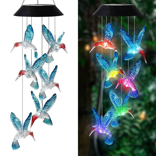 Blue Solar Powered Hummingbird Wind Chime(Without bell) - Color-Changing LED Hanging Garden Light Outdoor Decor.
