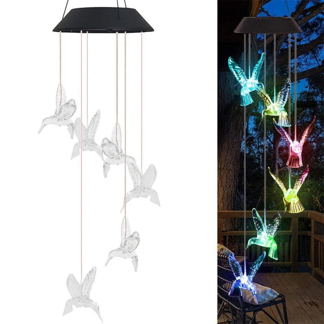Transparent Solar Powered Hummingbird Wind Chime(Without bell) - Color-Changing LED Hanging Garden Light Outdoor Decor.