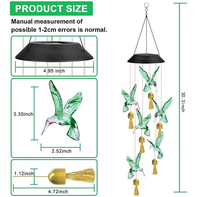 Transparent Solar Powered Hummingbird Wind Chime(Without bell) - Color-Changing LED Hanging Garden Light Outdoor Decor.