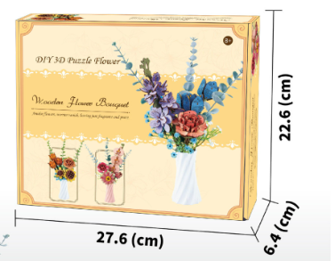 Orange DIY 3D Wooden Flower Bouquet Puzzle Set with Vase - Craft Kit for Kids and Adults.