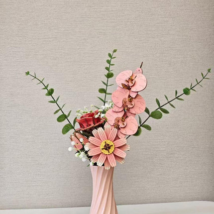 Pink DIY 3D Wooden Flower Bouquet Puzzle Set with Vase - Craft Kit for Kids and Adults.