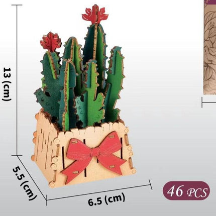 Thousand Flowers DIY 3D Wooden Cactus Puzzle with Red Flowers - 46-Piece Kids' Craft Toy.