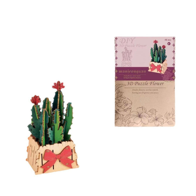 Thousand Flowers DIY 3D Wooden Cactus Puzzle with Red Flowers - 46-Piece Kids' Craft Toy.
