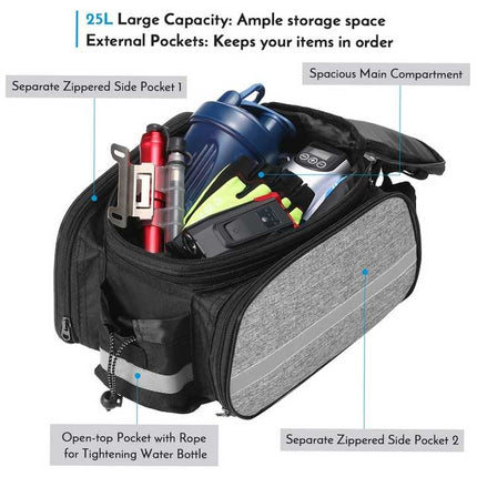 Insulated Bike Rear Rack Bag - Waterproof Storage Bag with Soft PE Padding for Cycling.