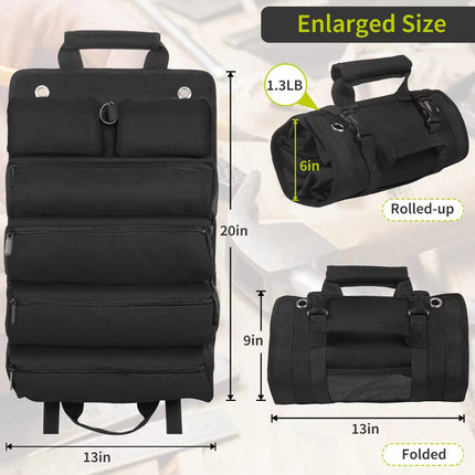 Black Heavy-Duty Tool Organizer Roll with Detachable Pouches.