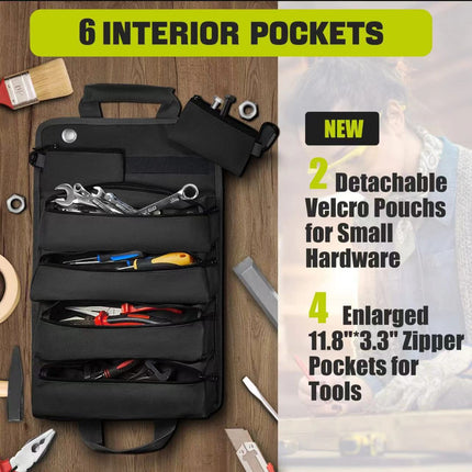 Black Heavy-Duty Tool Organizer Roll with Detachable Pouches.