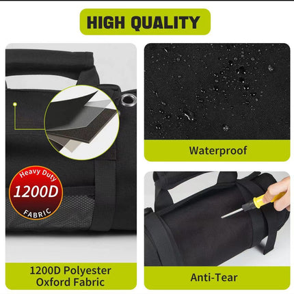 Black Heavy-Duty Tool Organizer Roll with Detachable Pouches.