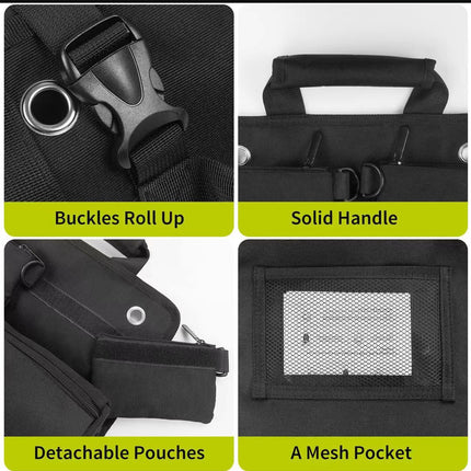 Black Heavy-Duty Tool Organizer Roll with Detachable Pouches.