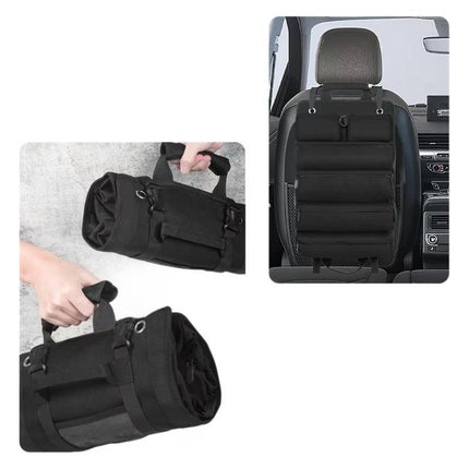 Black Heavy-Duty Tool Organizer Roll with Detachable Pouches.
