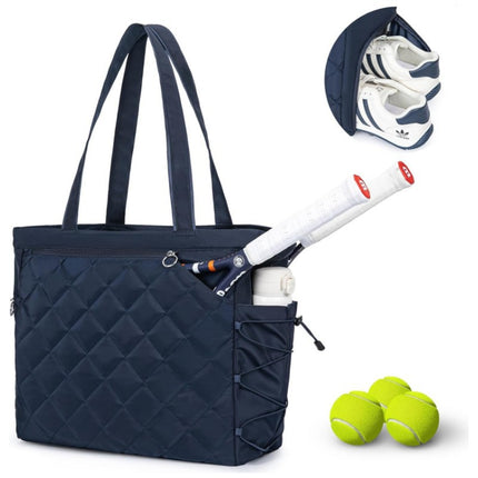 Navy Blue Large Quilted Tennis Tote Bag with Shoe Compartment - Waterproof Lightweight for Men and Women.