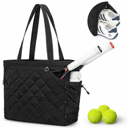 Black Large Quilted Tennis Tote Bag with Shoe Compartment - Waterproof Lightweight for Men and Women.