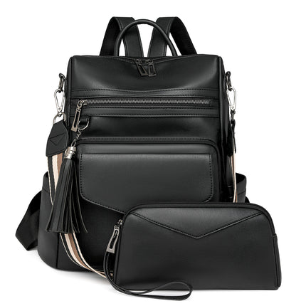 Black Women's Retro PU Leather Backpack - Dual-Color Tassel Design, Winter High-End Style.