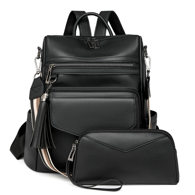 Black Women's Retro PU Leather Backpack - Dual-Color Tassel Design, Winter High-End Style.
