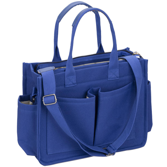 Blue Stylish Women's Large Canvas Tote Bag - 15.3in Laptop Mommy Bag with Crossbody Strap.