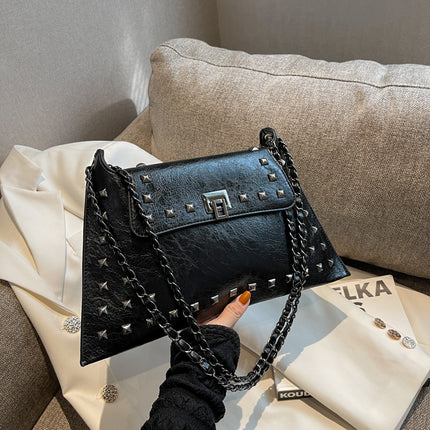 Black Women's Retro Studded Envelope Shoulder Bag - Chain Strap Crossbody Tote in Four Colors.
