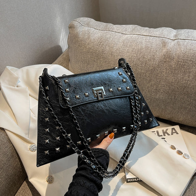 Black Women's Retro Studded Envelope Shoulder Bag - Chain Strap Crossbody Tote in Four Colors.