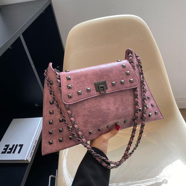 Pink Women's Retro Studded Envelope Shoulder Bag - Chain Strap Crossbody Tote in Four Colors.