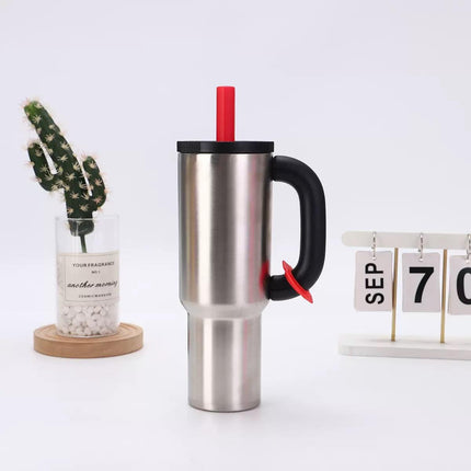 Steel Color 40oz Macron Stainless Steel Insulated Tumbler with Handle and Straw - 14.8 x 10.5 x 28 cm Large Capacity Car-Friendly Travel Mug.