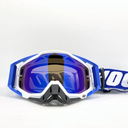Blue-white Frame and Blue Sheet Motocross Goggles - Durable Off-Road Motorcycle Riding Eye Protection with Lens.