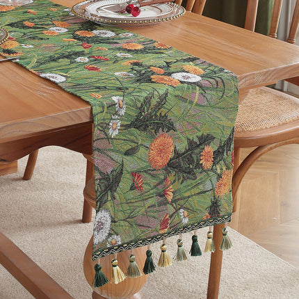 Green Taraxacum Mongolicum American Retro Jacquard Embroidered Table Runner - Light Luxury Table Mat 30cm x 180cm with Tassels.