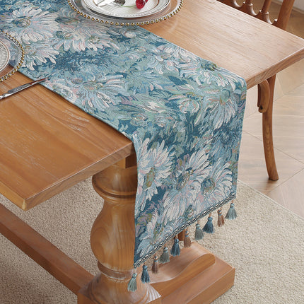 Ink Flower American Retro Jacquard Embroidered Table Runner - Light Luxury Table Mat 30cm x 180cm with Tassels.
